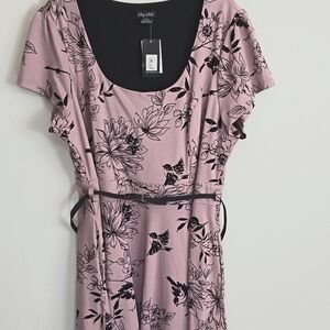 New City Chic pink black print scoop neck dress short sleeve with pockets belt